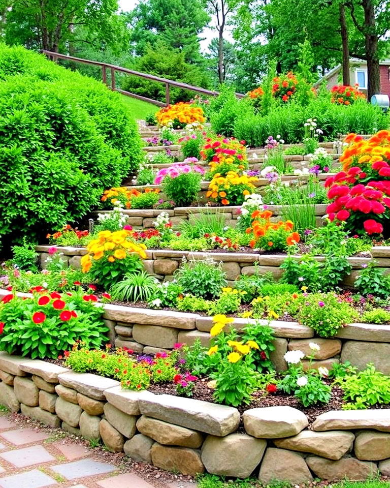 multi level flower beds hillside terraced garden - 15 Hillside Terraced Garden Ideas