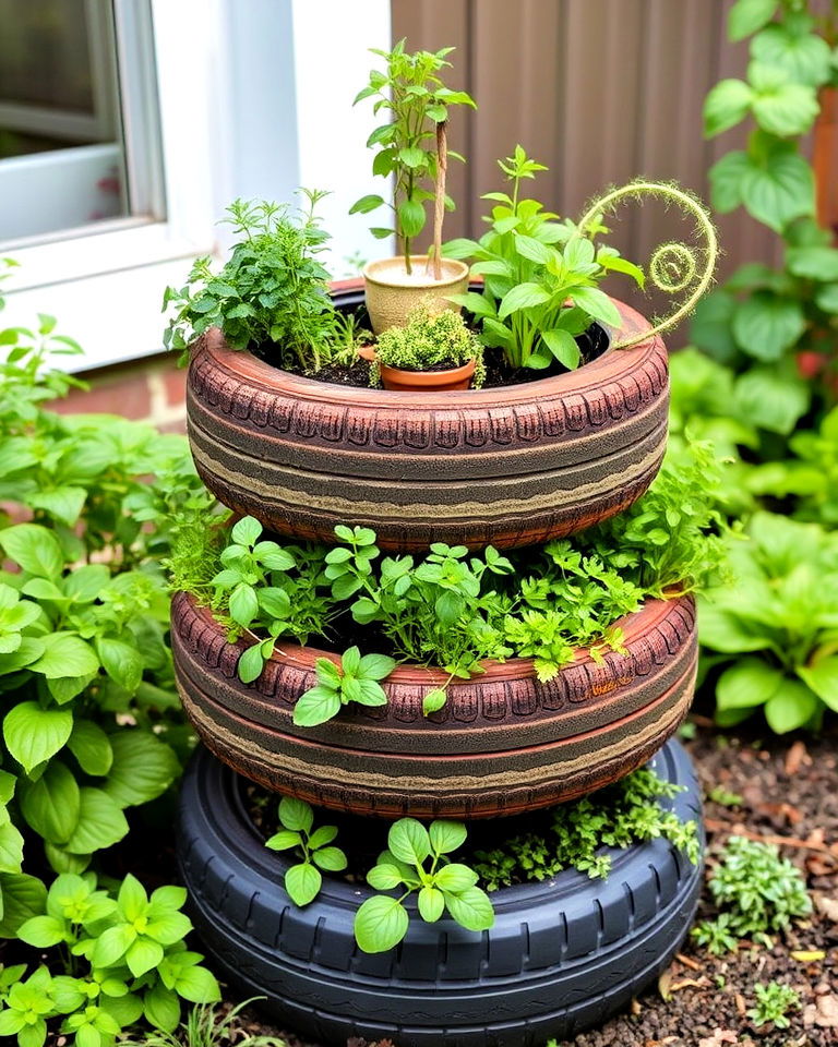 multi level tyres herb garden for small spaces - 25 Recycled Tyre Garden Art Ideas