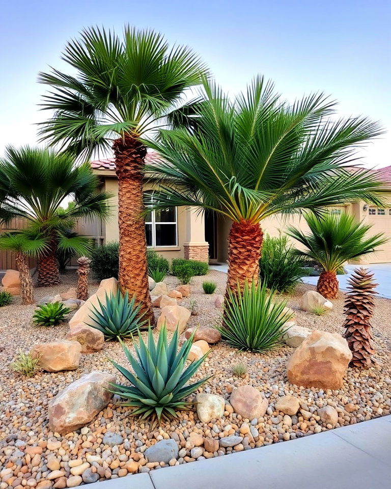 multi palm rock garden - 25 Front Yard Palm Tree Landscape Design Ideas