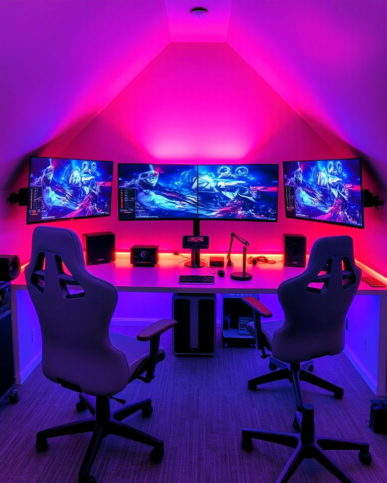 multi screen gaming setup - 20 Loft Game Room Ideas