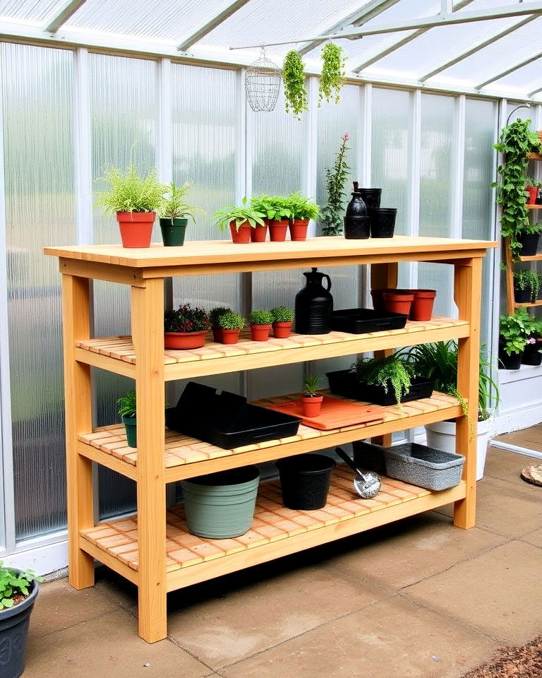 multi tiered benches with shelving - 25 Greenhouse Shelving Ideas