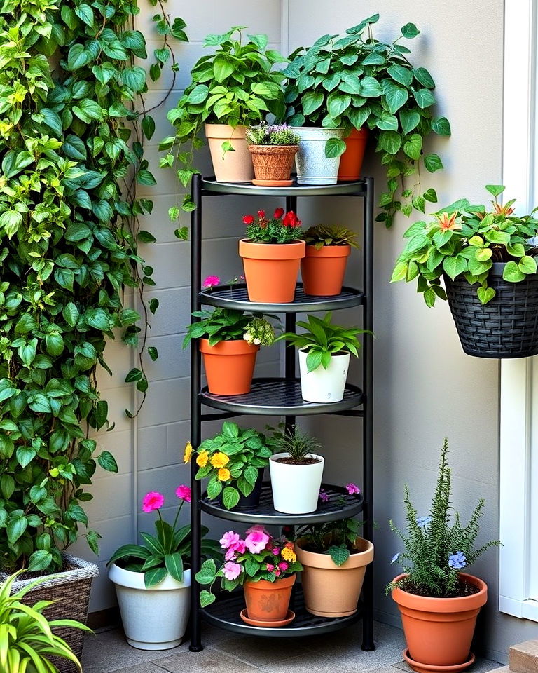 multi tiered plant stand for a corner garden - 15 Corner Garden Ideas With Pots