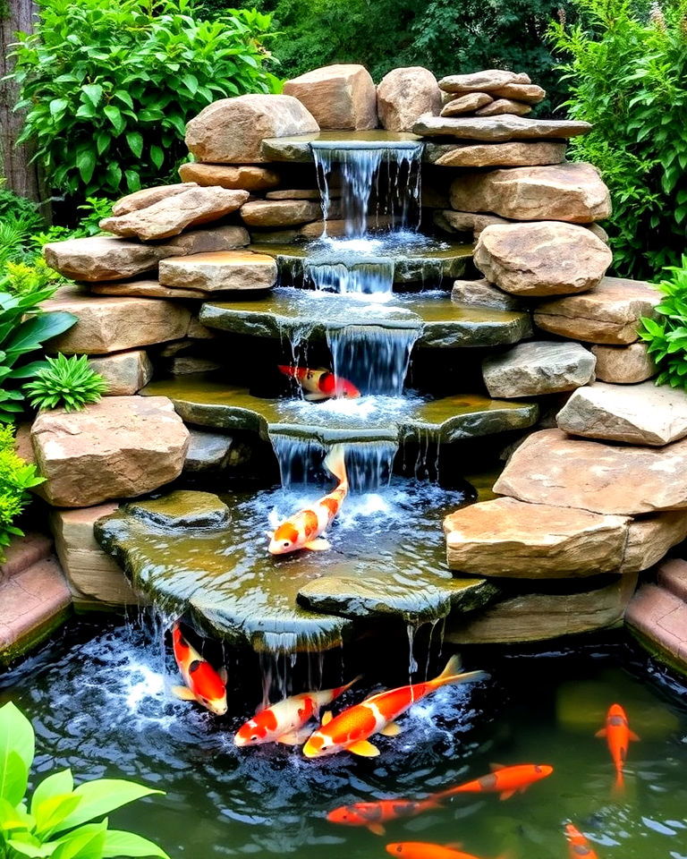 multi tiered waterfall for depth and drama - 15 Koi Pond Ideas With Waterfall