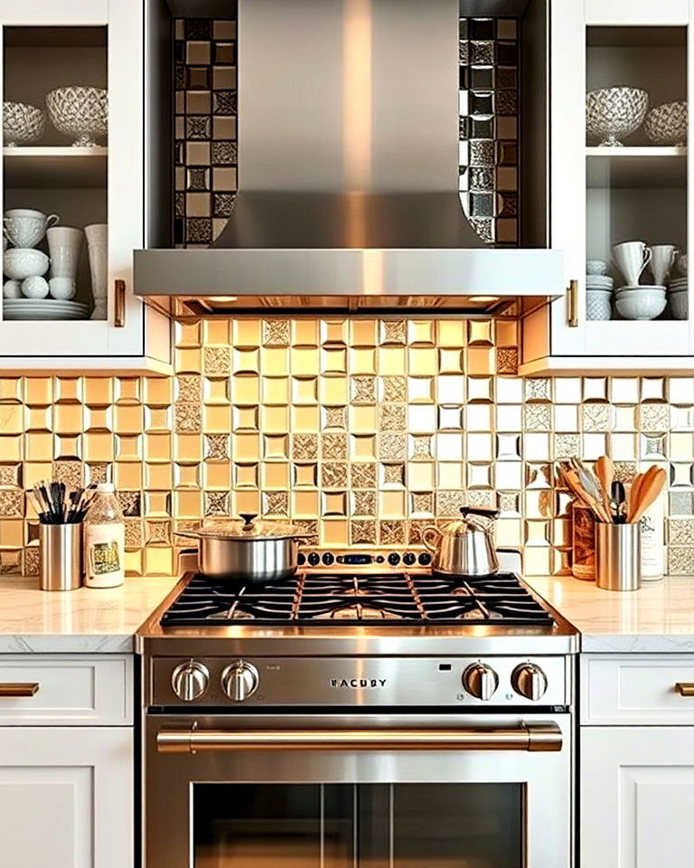 multi toned mirror tiles for dynamic visuals - 25 Mirrored Backsplash Kitchen Ideas