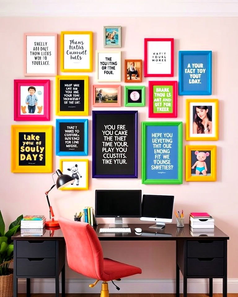 multicolored gallery wall for office - 30 Colorful Home Office Ideas