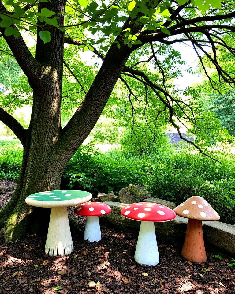mushroom whimsical garden stools - 20 Whimsical Garden Ideas