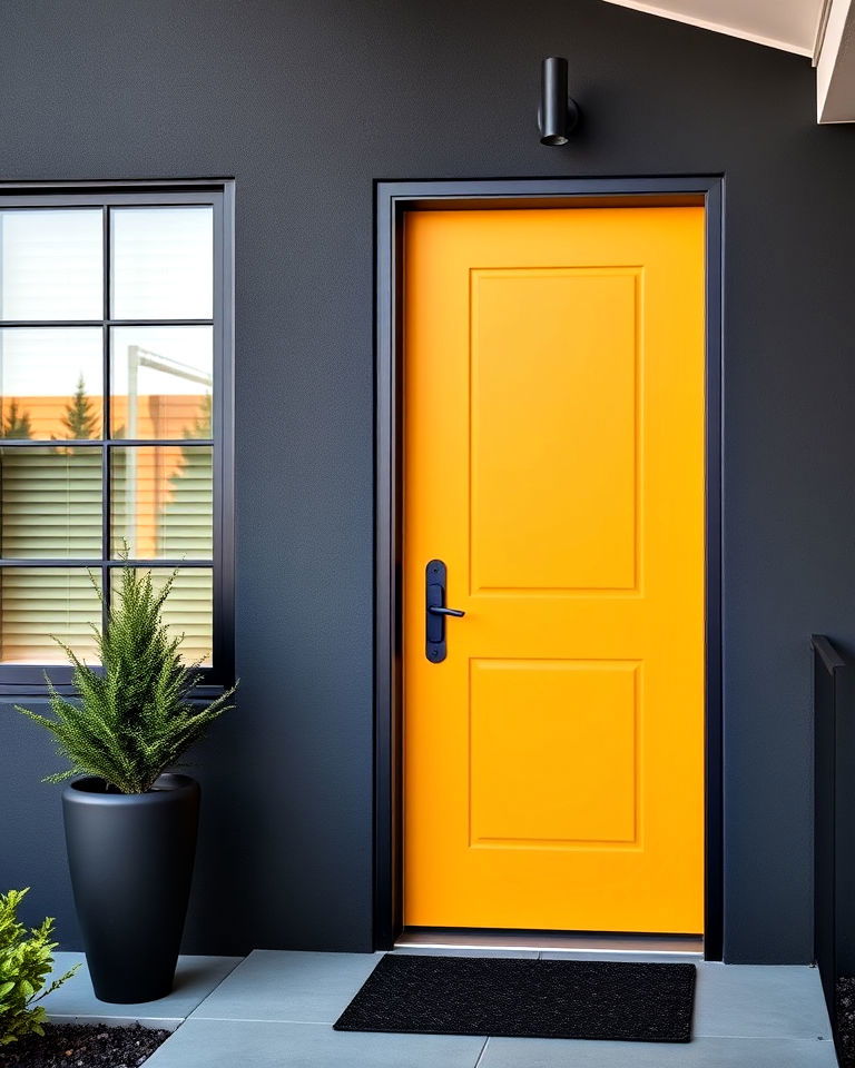 mustard yellow door with charcoal gray walls - 15 Mustard Yellow Front Door Ideas