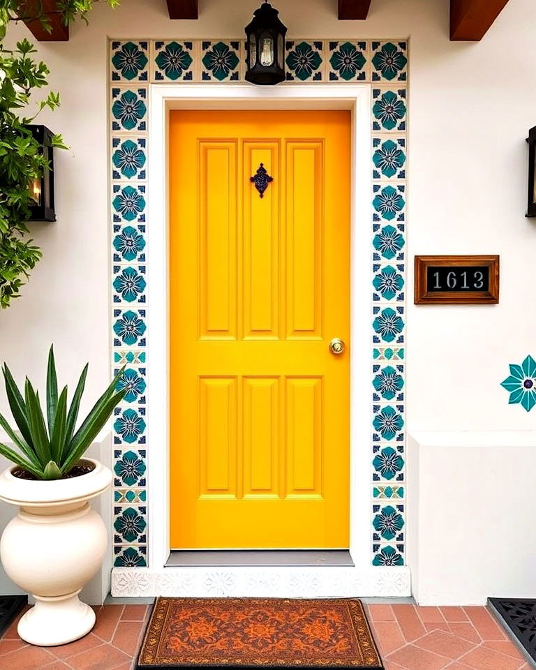 mustard yellow door with decorative tiles - 15 Mustard Yellow Front Door Ideas