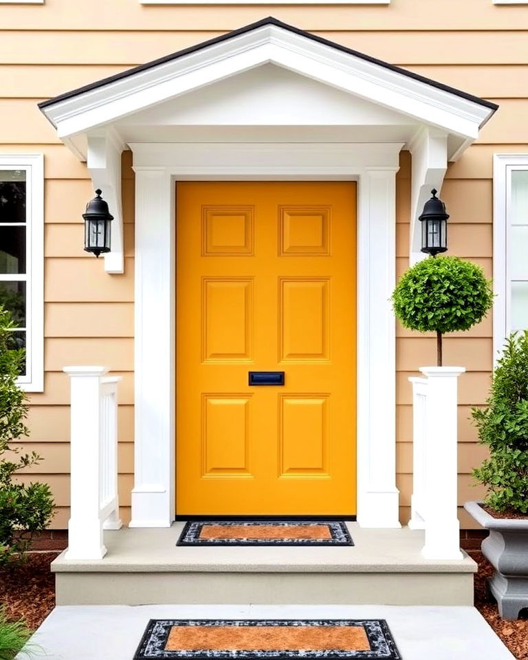 mustard yellow door with white trim - 15 Mustard Yellow Front Door Ideas