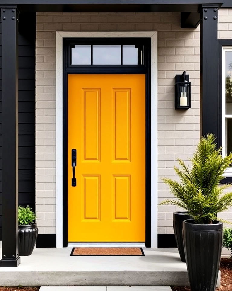 mustard yellow front door and black accents - 15 Mustard Yellow Front Door Ideas