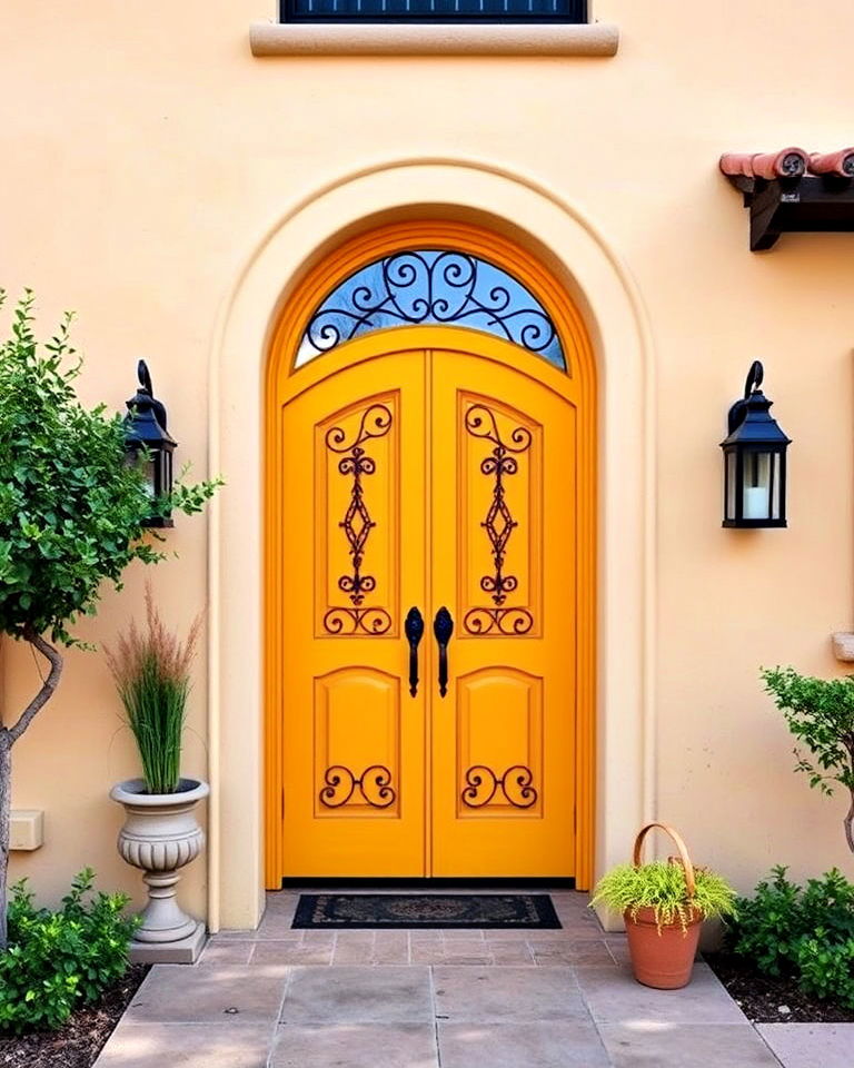 mustard yellow front door with arched design - 15 Mustard Yellow Front Door Ideas