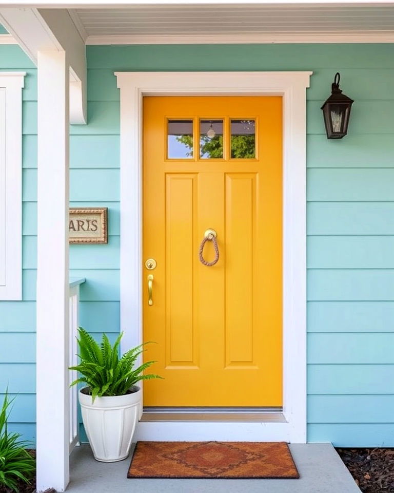 mustard yellow front door with coastal vibes - 15 Mustard Yellow Front Door Ideas