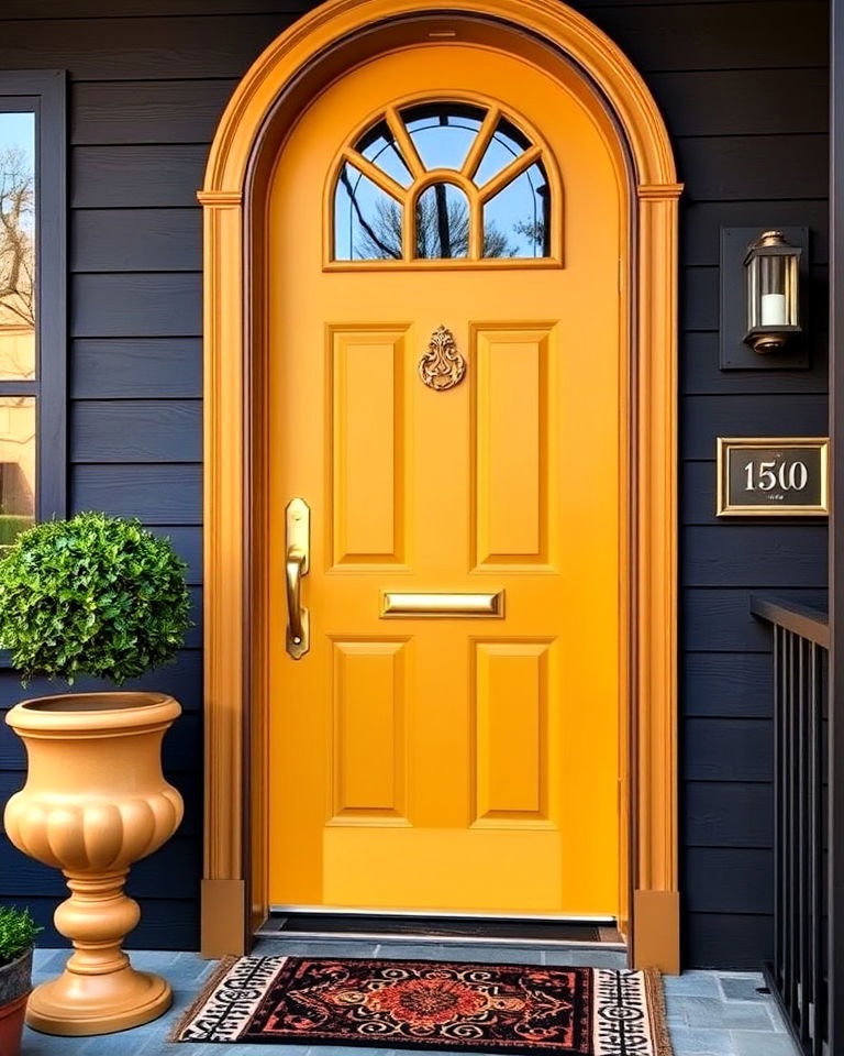 mustard yellow front door with gold accents - 15 Mustard Yellow Front Door Ideas