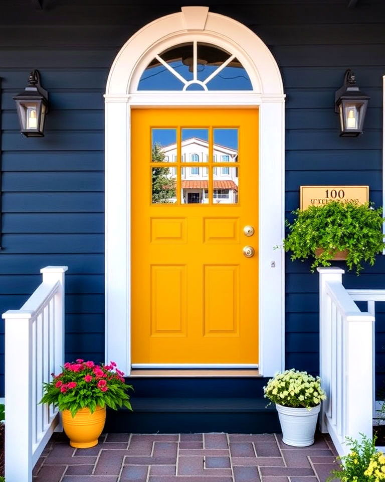 mustard yellow front door with navy blue - 15 Mustard Yellow Front Door Ideas