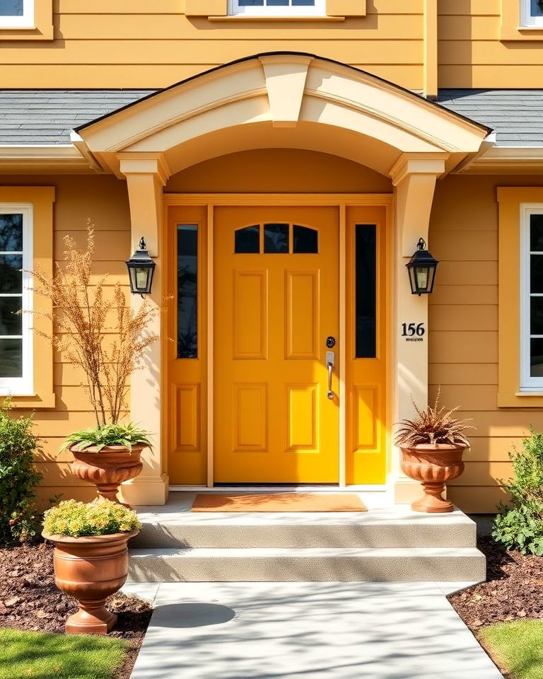 mustard yellow into monochromatic color scheme - 15 Mustard Yellow Front Door Ideas
