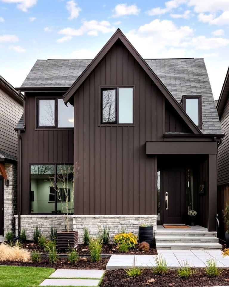 muted chocolate brown exterior with gray stone accents - 15 Chocolate Brown House Exterior Design Ideas