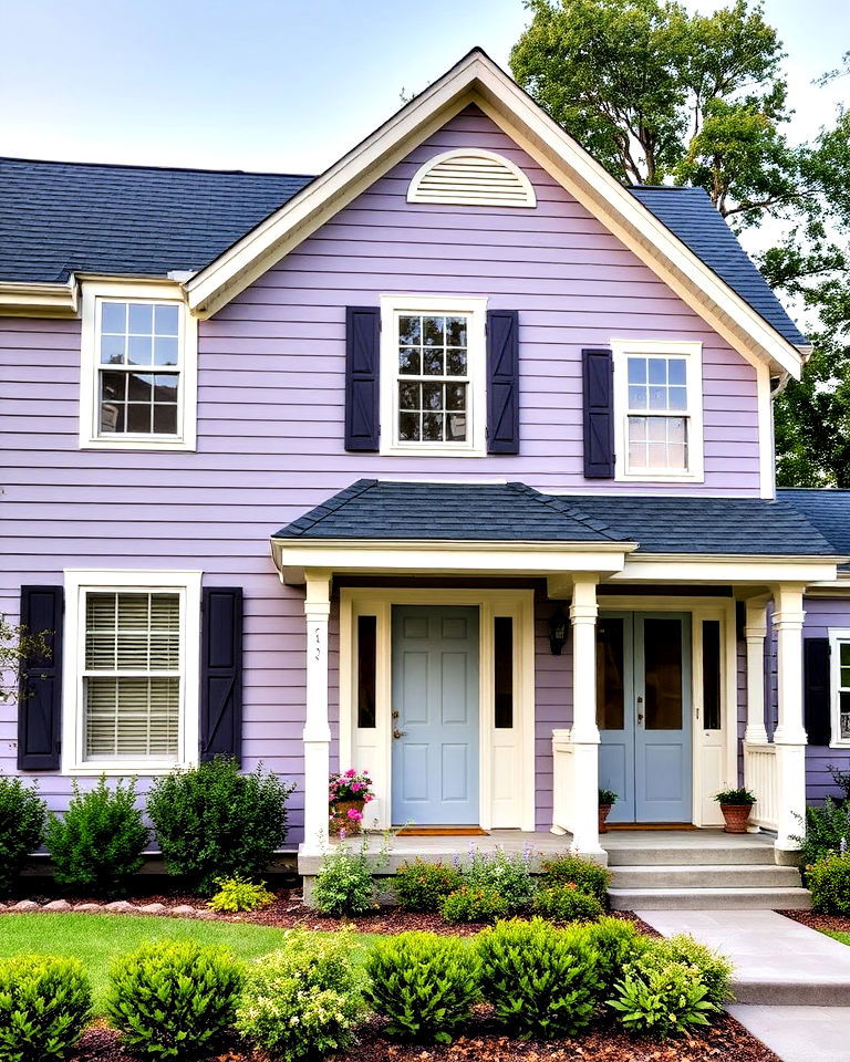 muted lavender gray siding with white trim - 30 House Siding Colors