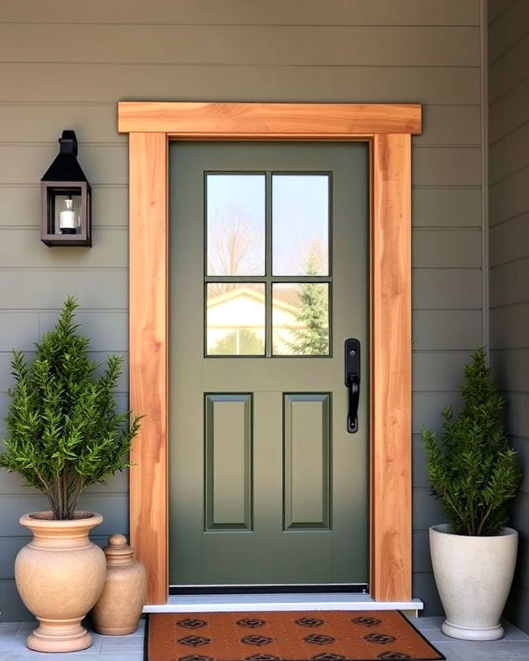 muted olive front door with natural elements - 15 Dark Green Front Door Ideas