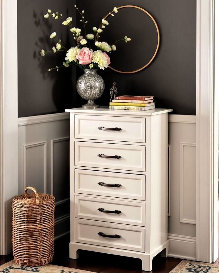 narrow vertical dresser for tight entryways - 15 Entryway Dresser Ideas