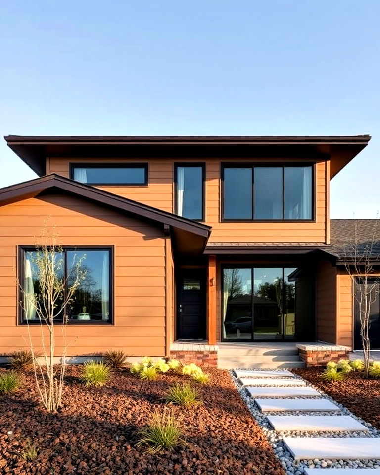 natural clay siding in muted brown for a modern look - 15 Home Designs Using Natural Clay Siding Colors