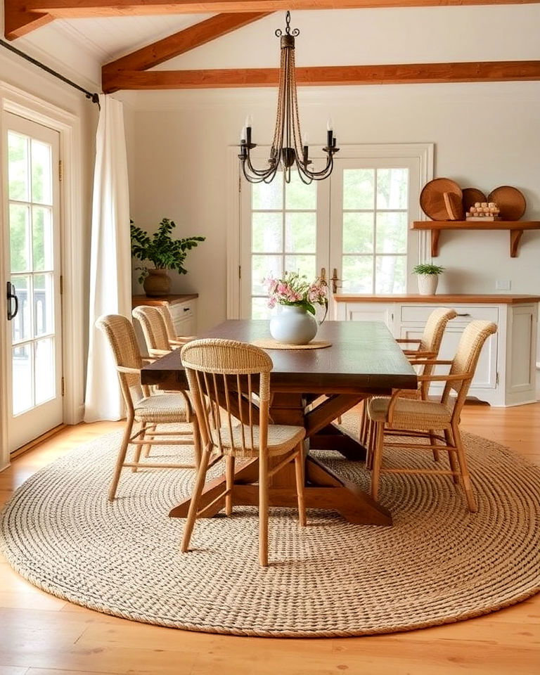 natural fiber rug under the table - 40 Cottagecore Dining Room Ideas
