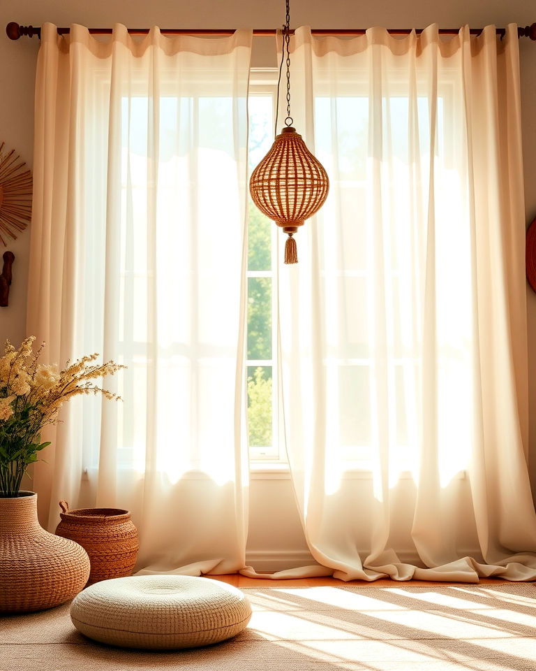 natural light with sheer curtains - 15 Boho Meditation Room Ideas
