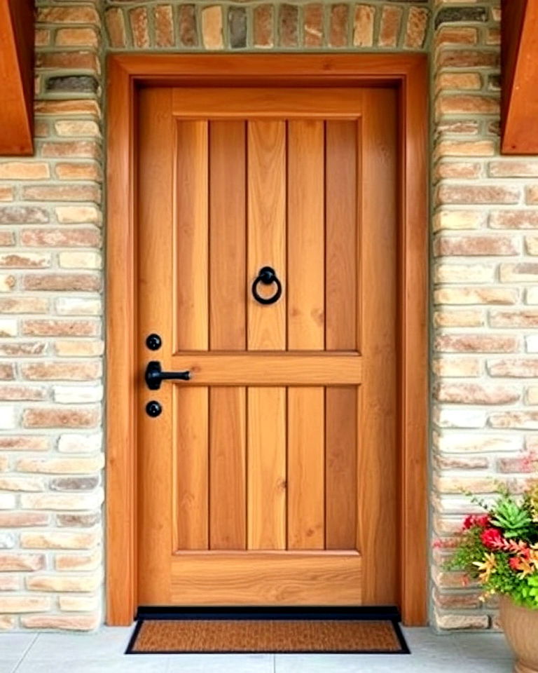 natural stained wood door to a farmhouse home - 25 Farmhouse Front Door Ideas