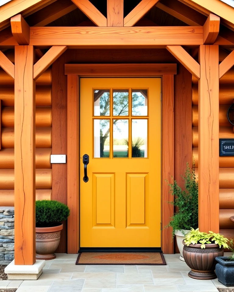 natural wood with mustard yellow door - 15 Mustard Yellow Front Door Ideas