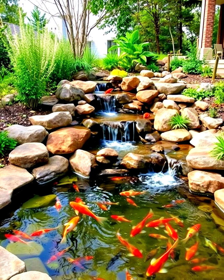 naturalistic stream fed waterfall with koi pond - 15 Koi Pond Ideas With Waterfall