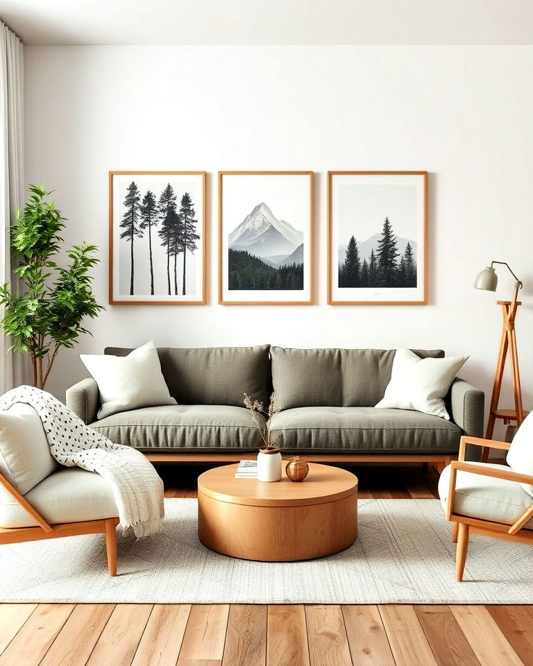 nature inspired artwork scandinavian living room - 20 Rustic Scandinavian Living Room Ideas