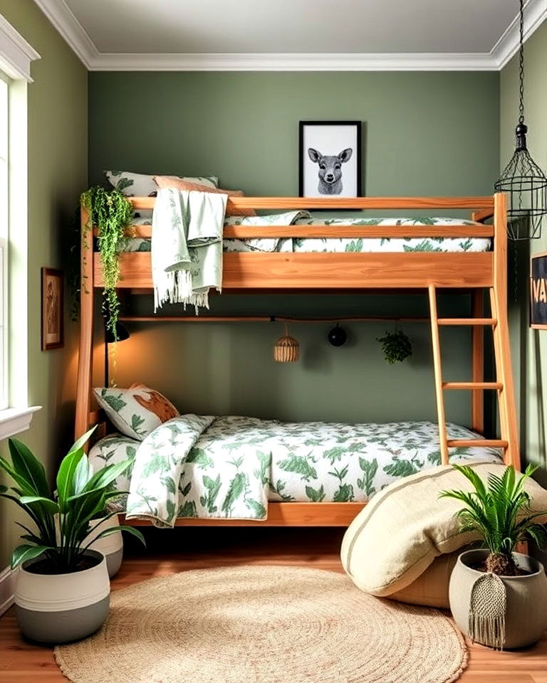 nature inspired theme shared kids room for calmness - 40 Shared Kids Room Design Ideas