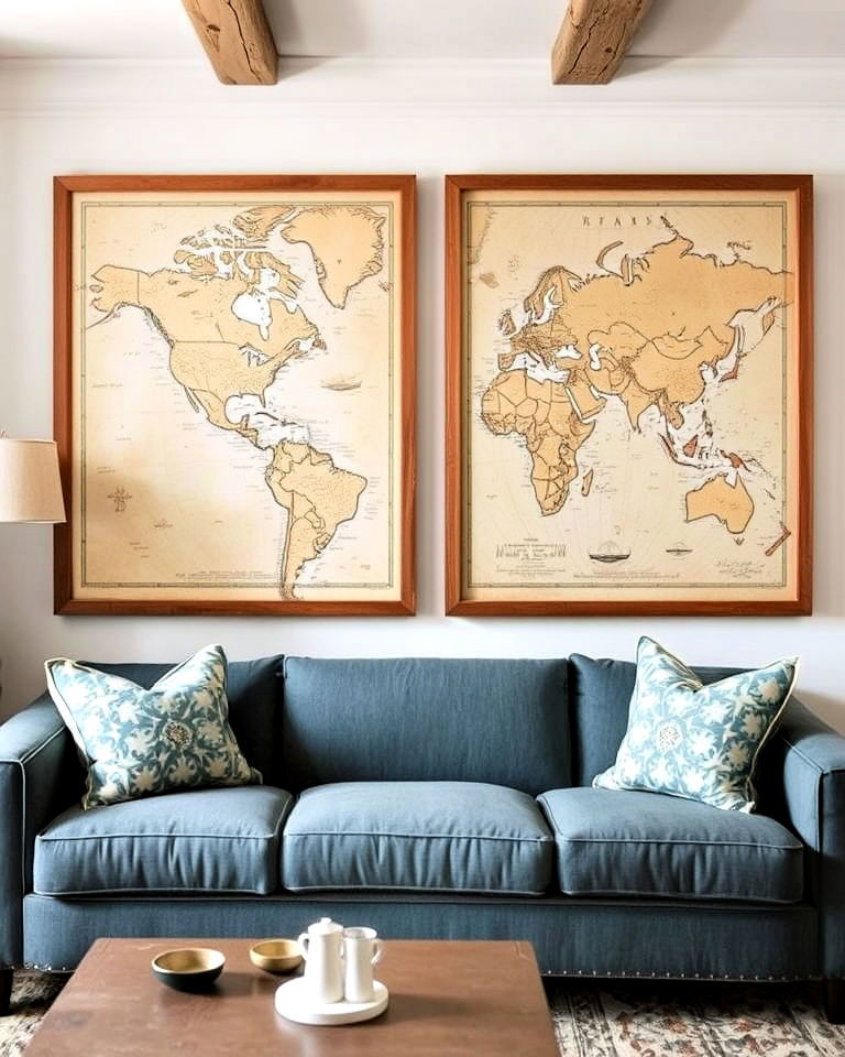 nautical maps as wall art - 30 Coastal Interior Design Ideas