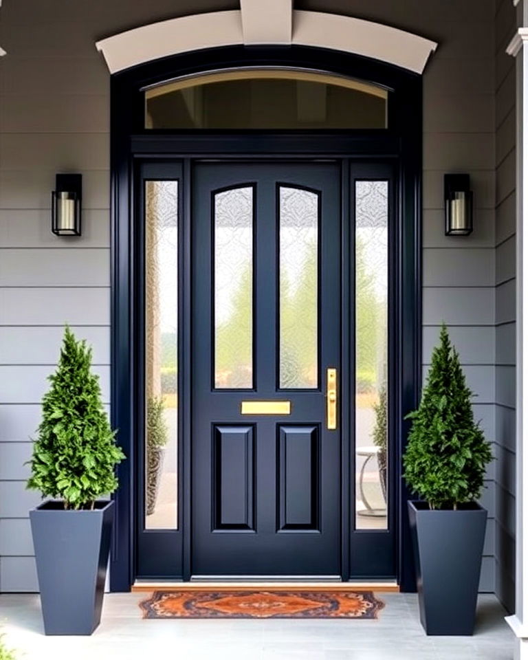 navy with glass panels for added sophistication - 25 Grey House With Blue Door Ideas