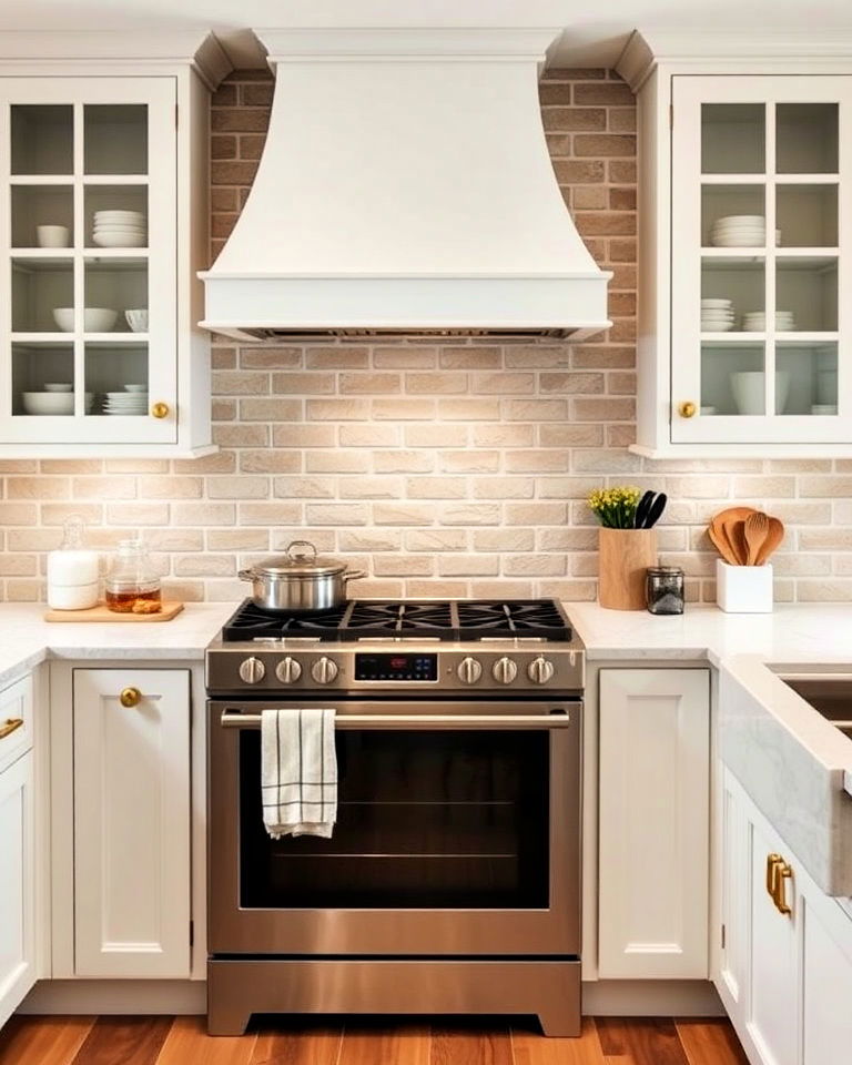 neutral beige brick kitchen backsplash - 25 Kitchen With Brick Backsplash Ideas