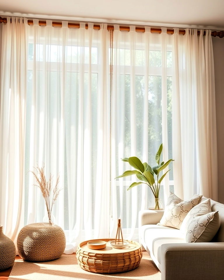 neutral boho living room sheer curtains - 15 Neutral Boho Living Room Ideas
