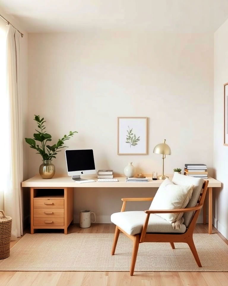 neutral color palette japandi style home office - 30 Japandi Style Home Office Ideas