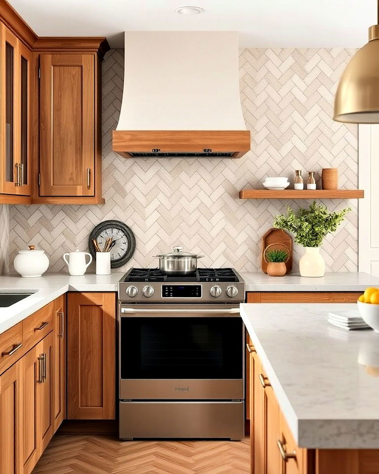 neutral herringbone tiles in tones backsplash - 25 Kitchens With Herringbone Tile Backsplashes