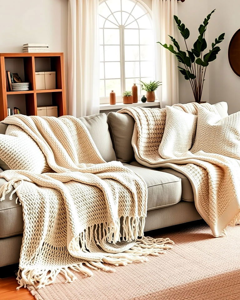 neutral layered throws for comfort - 15 Neutral Boho Living Room Ideas