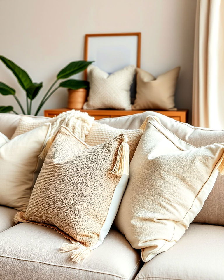 neutral throw pillows in varied textures - 15 Neutral Boho Living Room Ideas