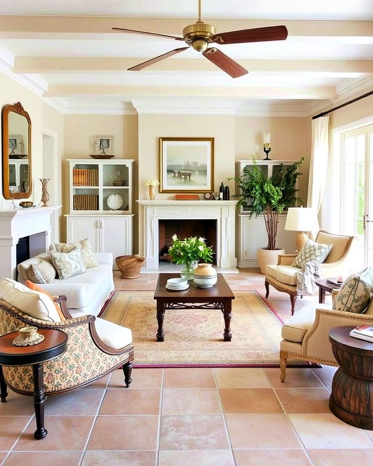 neutral tiled floors for a clean fresh look - 30 French Country Living Room Ideas
