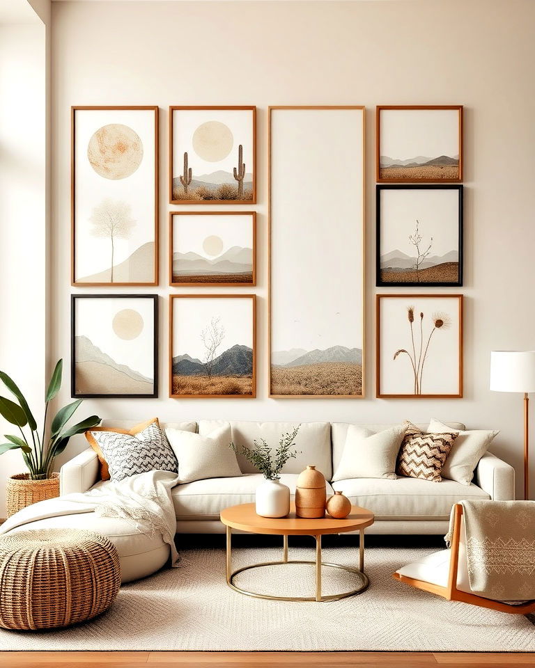 neutral toned art prints for subtle decor - 15 Neutral Boho Living Room Ideas