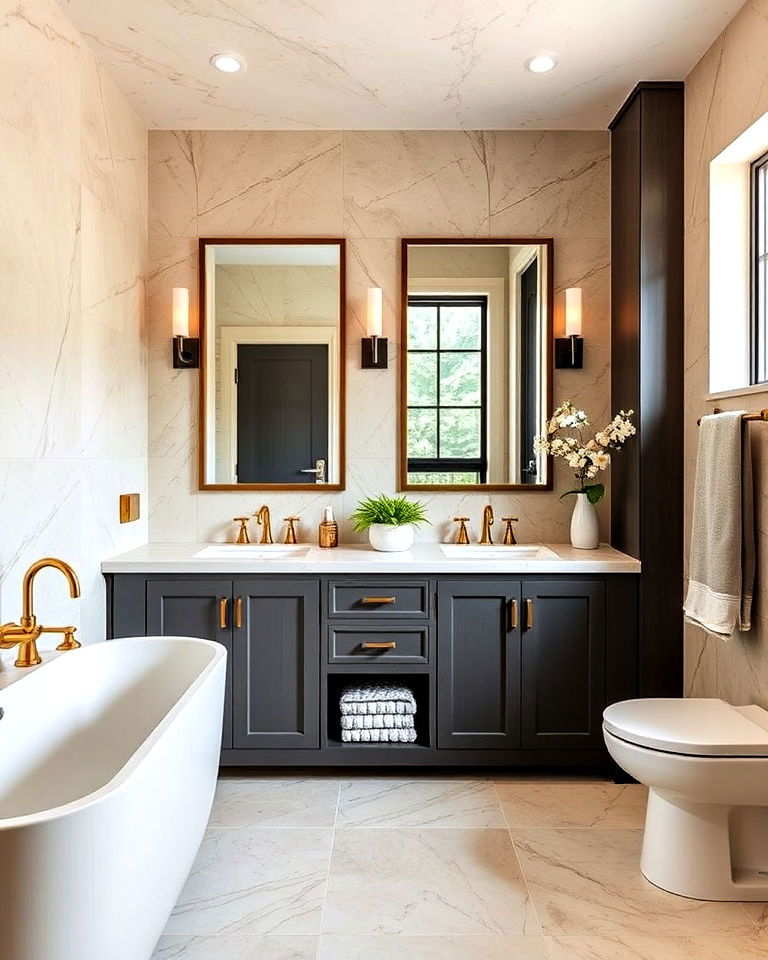 neutral travertine with bold fixtures - 25 Travertine Bathroom Ideas