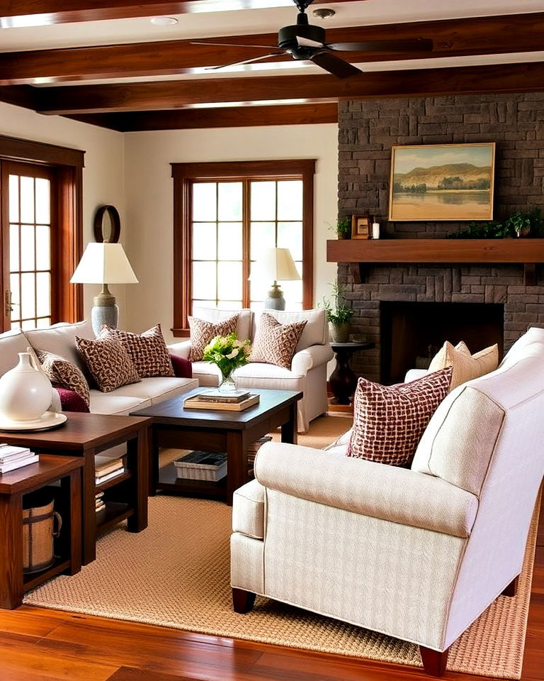 neutral upholstery with rich wooden details - 25 Craftsman Living Room Ideas