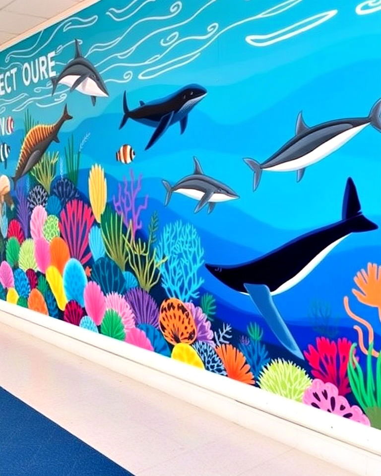 ocean life conservation mural - 40 School Mural Ideas