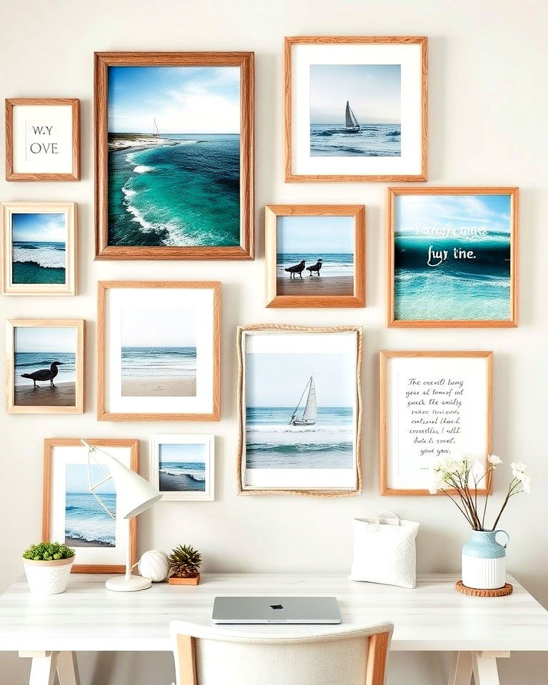 ocean themed gallery wall for coastal office - 20 Coastal Home Office Ideas