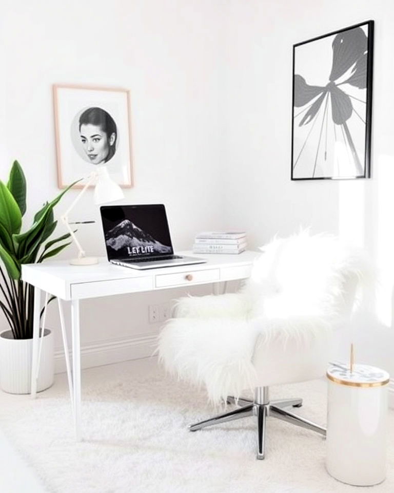 office with white faux fur accents - 20 White Home Office Ideas