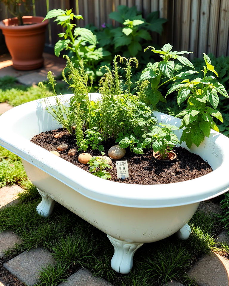 old bathtub into a lush herb garden - 15 Backyard Old Bathtub Garden Ideas