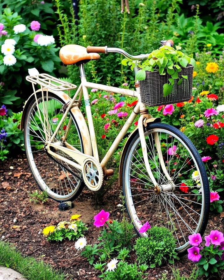 old bicycle as a permanent garden sculpture by planting - 15 Old Bicycle Garden Ideas