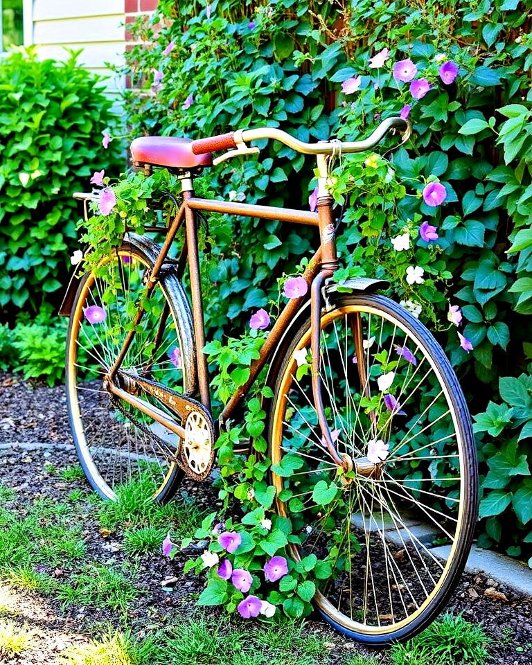 old bicycle as a trellis for climbing plants - 15 Old Bicycle Garden Ideas