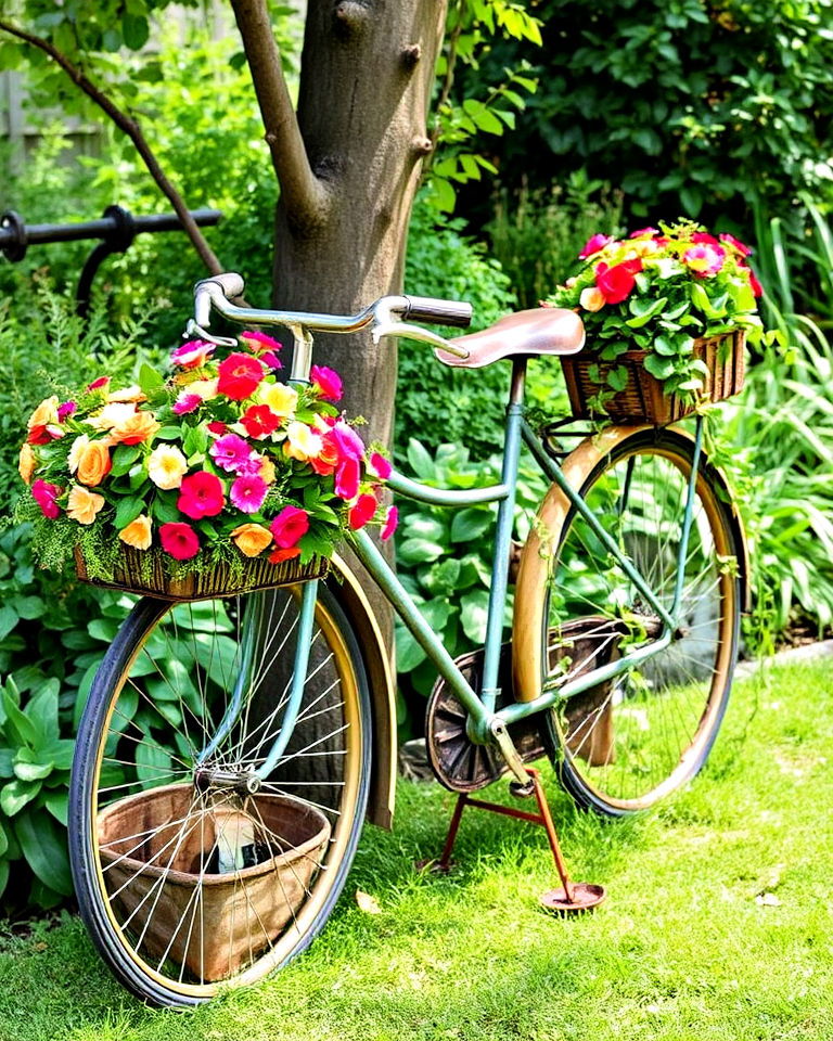old bicycle with flower baskets - 20 Vintage Garden Ideas